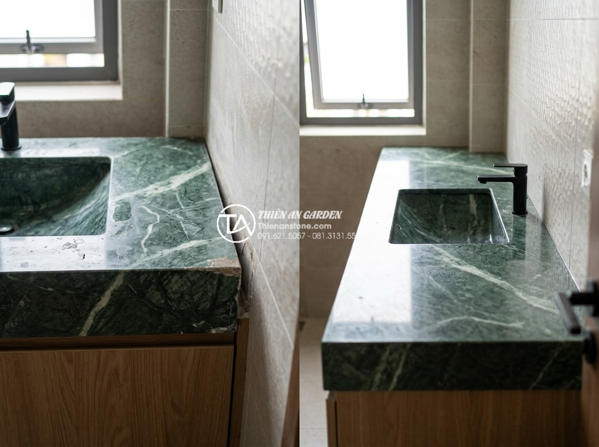 Kích Thước Bàn Đá Lavabo Tiêu Chuẩn: 5 Lưu Ý Vàng Khi Thi Công Lắp Đặt - Common mistakes in lavabo stone sizing with correction examples shown in split-s
