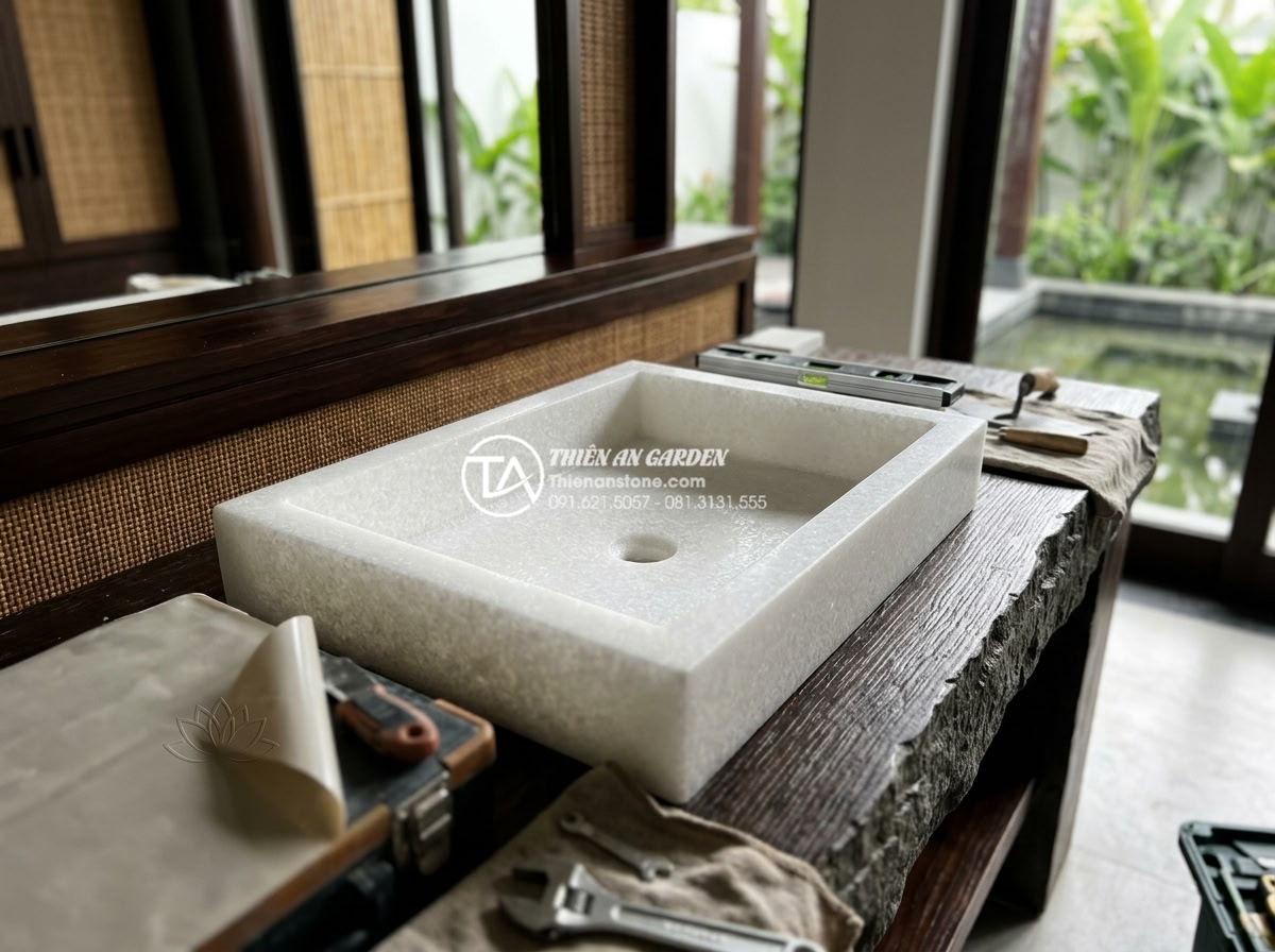 Kích Thước Bàn Đá Lavabo Tiêu Chuẩn: 5 Lưu Ý Vàng Khi Thi Công Lắp Đặt - Professional team installing a perfectly sized natural stone lavabo in a high-en