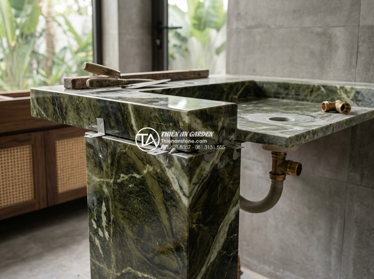 Kích Thước Bàn Đá Lavabo Tiêu Chuẩn: 5 Lưu Ý Vàng Khi Thi Công Lắp Đặt - Close-up detailed view of a custom-sized stone lavabo base and countertop instal