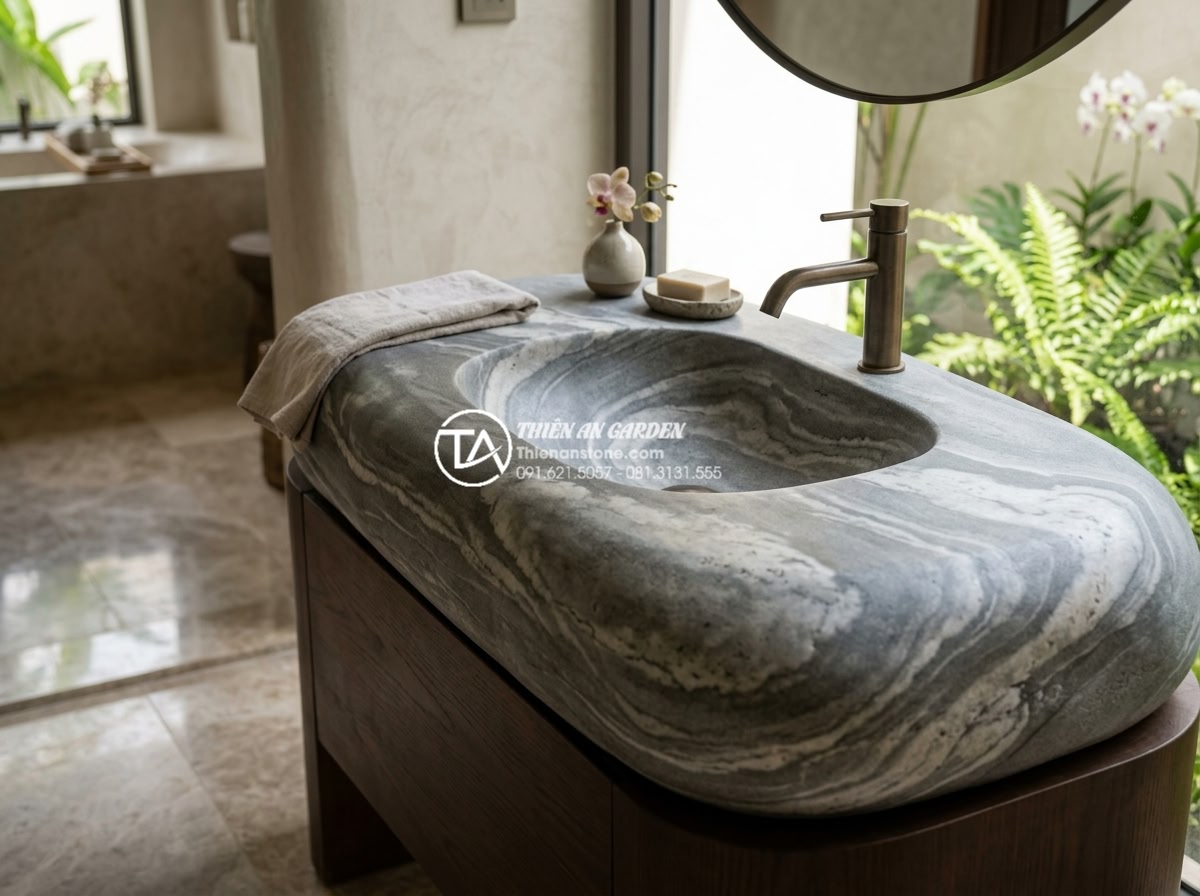 Kích Thước Bàn Đá Lavabo Tiêu Chuẩn: 5 Lưu Ý Vàng Khi Thi Công Lắp Đặt - Elegant final installed stone lavabo countertop in a completed luxury bathroom p