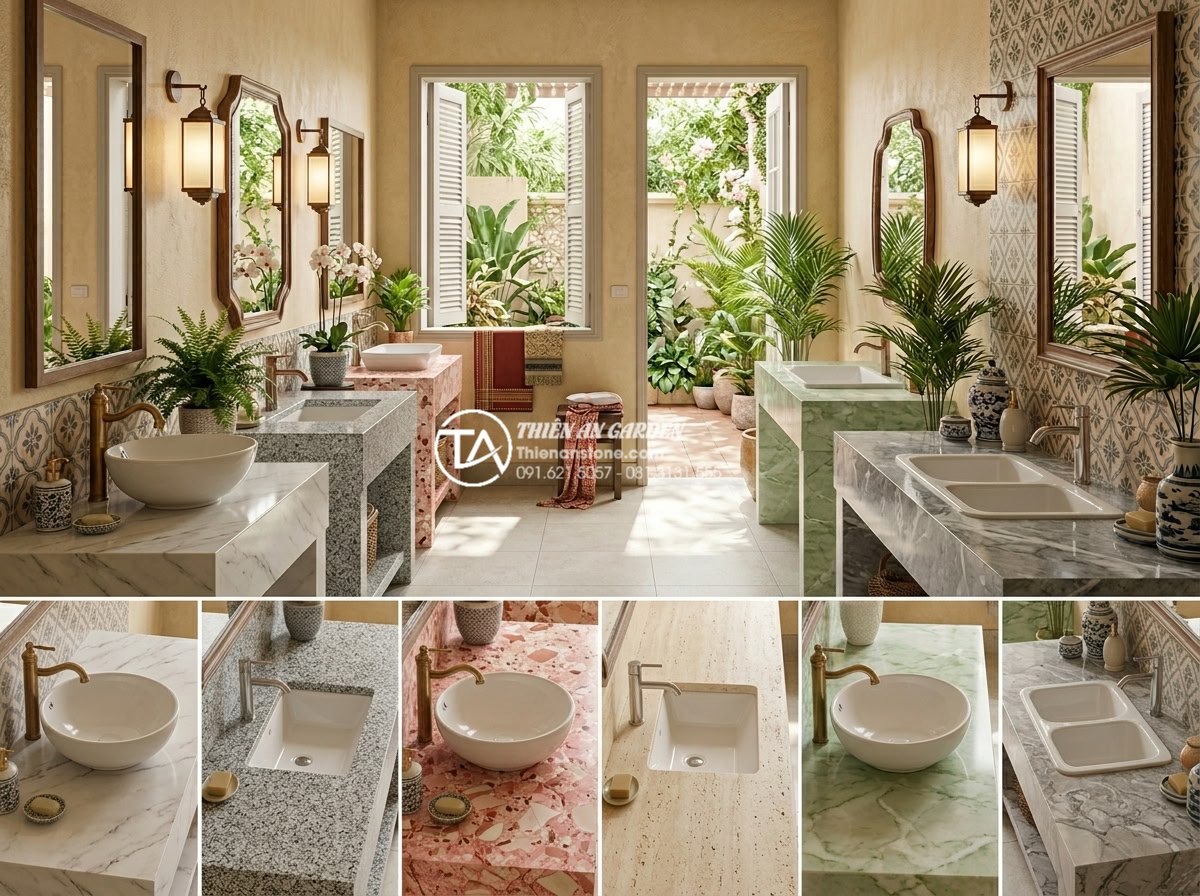 Kích Thước Bàn Đá Lavabo Tiêu Chuẩn: 5 Lưu Ý Vàng Khi Thi Công Lắp Đặt - Detailed illustration of various standard lavabo countertop face sizes ranging f