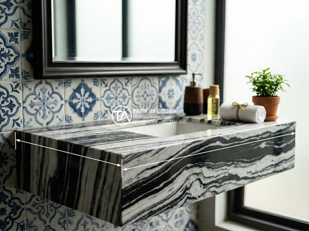 Kích Thước Bàn Đá Lavabo Tiêu Chuẩn: 5 Lưu Ý Vàng Khi Thi Công Lắp Đặt - Professional photograph capturing a polished natural stone lavabo countertop fac