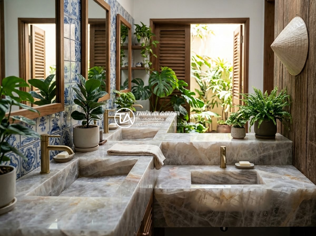 Kích Thước Bàn Đá Lavabo Tiêu Chuẩn: 5 Lưu Ý Vàng Khi Thi Công Lắp Đặt - Full perspective image of multiple lavabo installations with varying heights tai