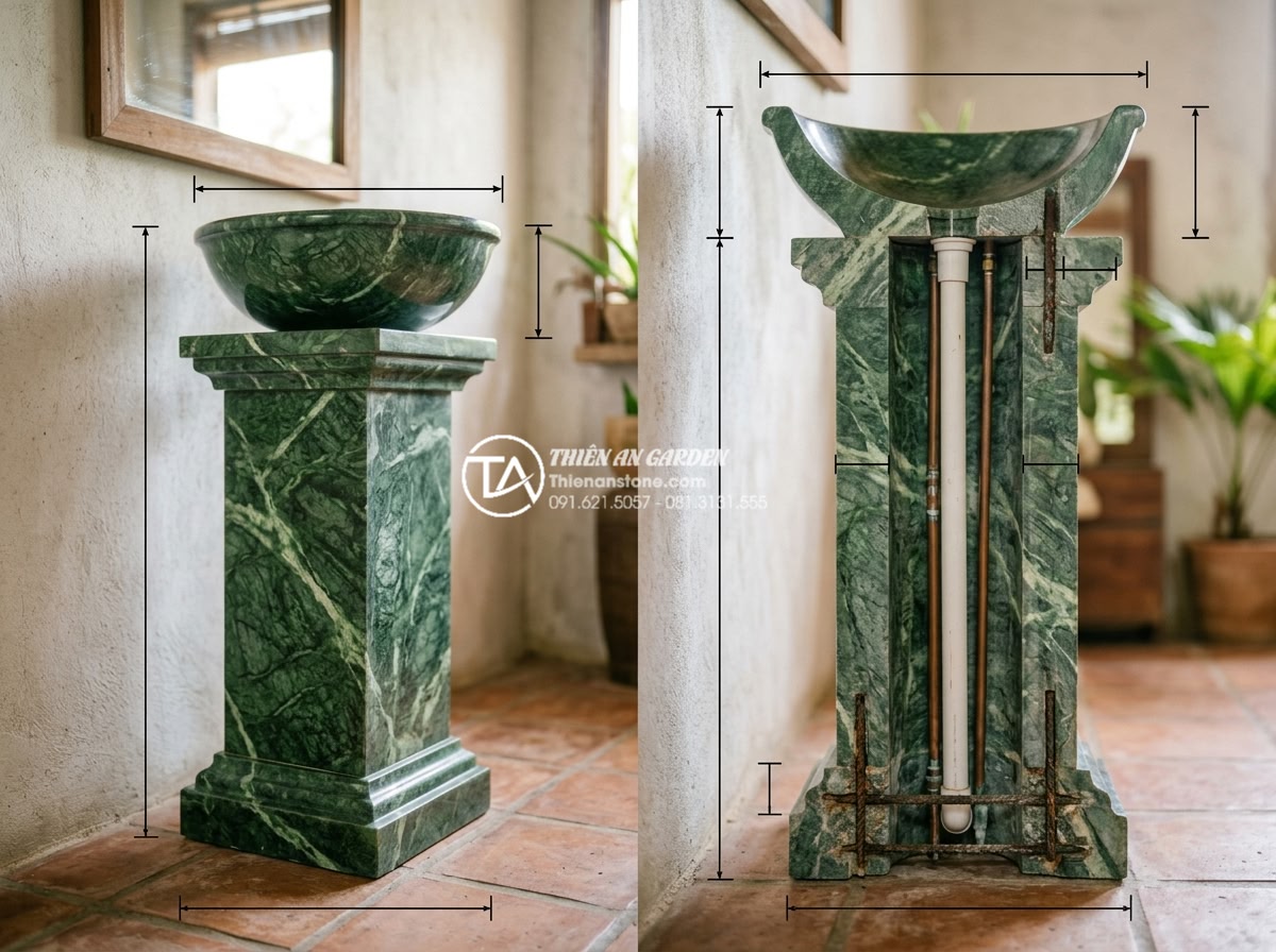Kích Thước Bàn Đá Lavabo Tiêu Chuẩn: 5 Lưu Ý Vàng Khi Thi Công Lắp Đặt - Detailed cross-section view of a stone lavabo pedestal base with labeled dimensi