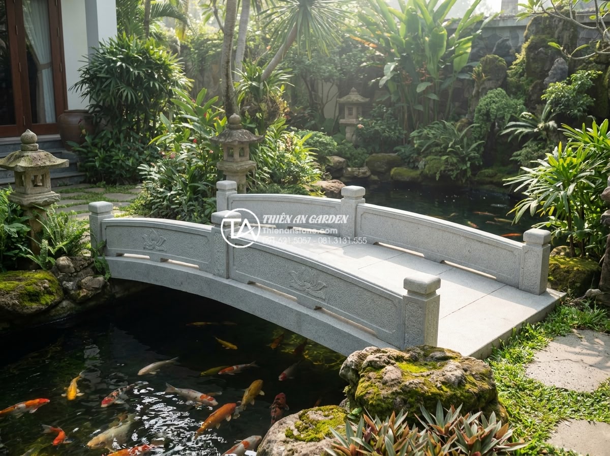 Kích thước cầu đá sân vườn chuẩn lỗ ban giúp rước tài lộc vào nhà - Photorealistic high-resolution image of an elegant natural stone garden bridge i