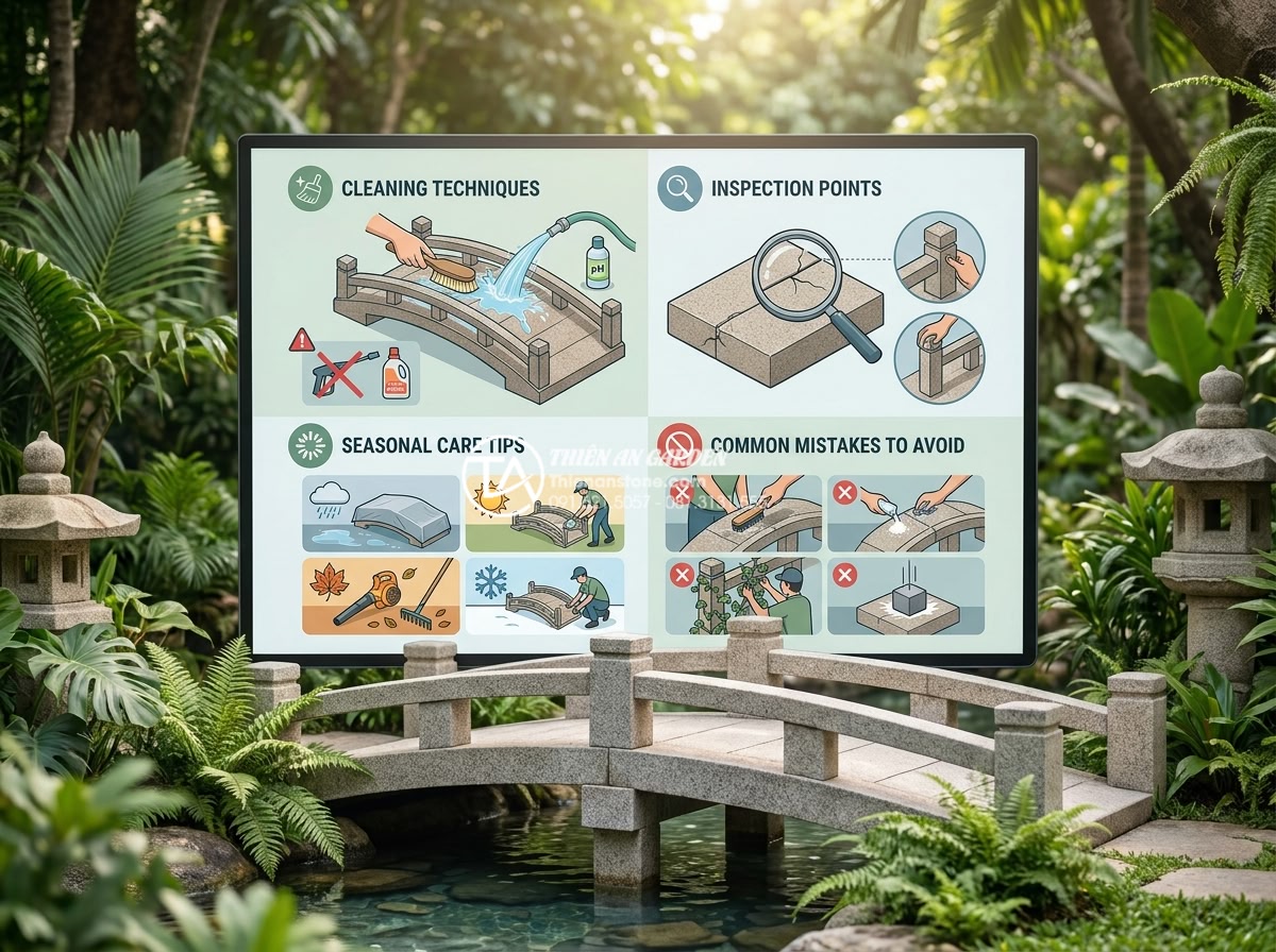 Kích thước cầu đá sân vườn chuẩn lỗ ban giúp rước tài lộc vào nhà - Professional maintenance guide infographic for natural stone garden bridges show