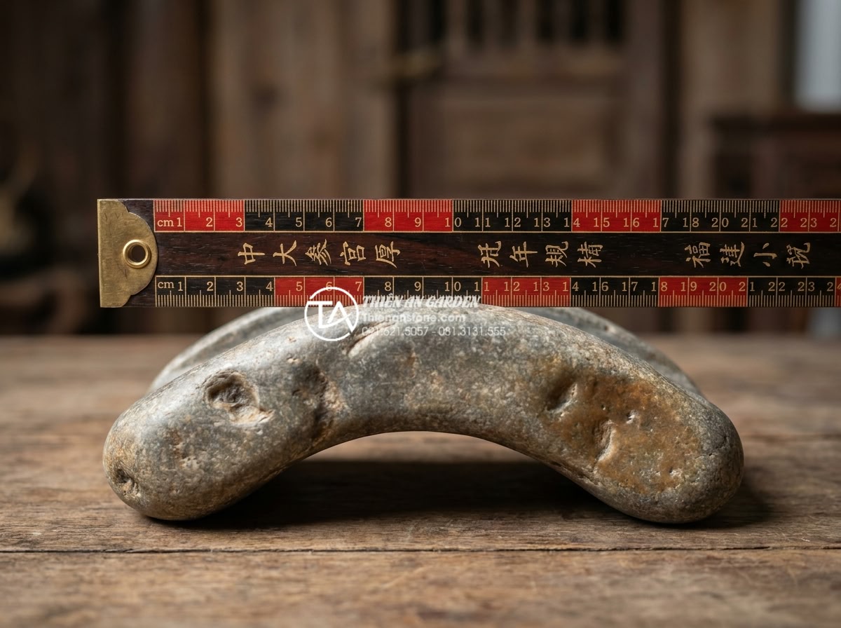Kích thước cầu đá sân vườn chuẩn lỗ ban giúp rước tài lộc vào nhà - Detailed close-up realistic photograph of traditional Chinese Lu Ban ruler (feng