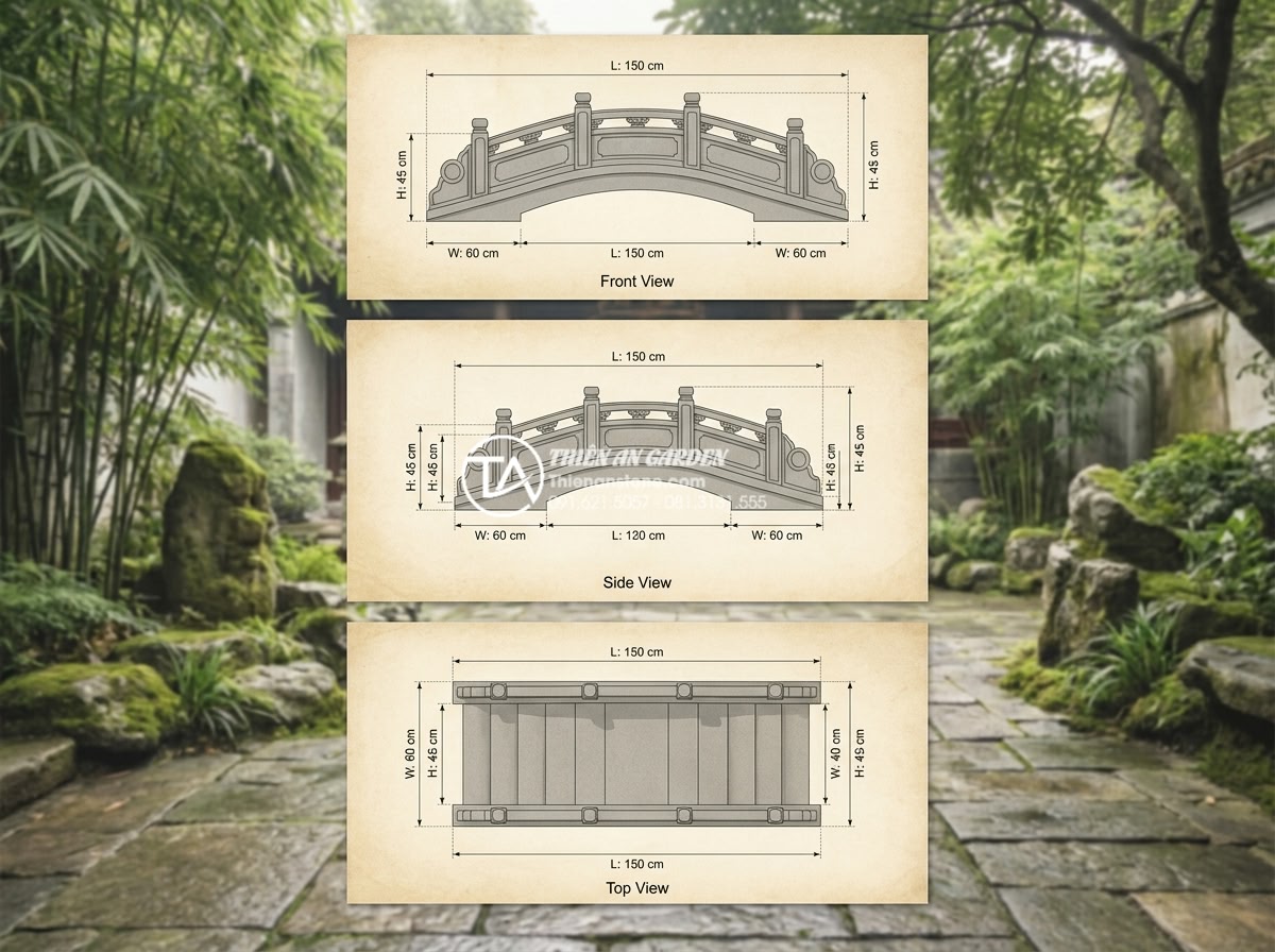 Kích thước cầu đá sân vườn chuẩn lỗ ban giúp rước tài lộc vào nhà - Professional architectural rendering of multiple natural stone garden bridge des