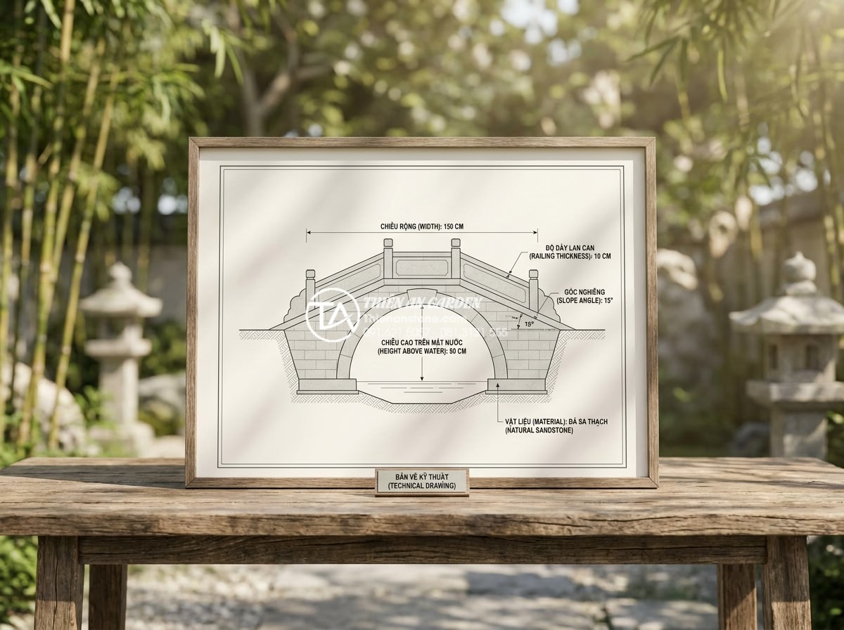 Kích thước cầu đá sân vườn chuẩn lỗ ban giúp rước tài lộc vào nhà - Technical cross-section diagram of a natural stone garden bridge with all dimens
