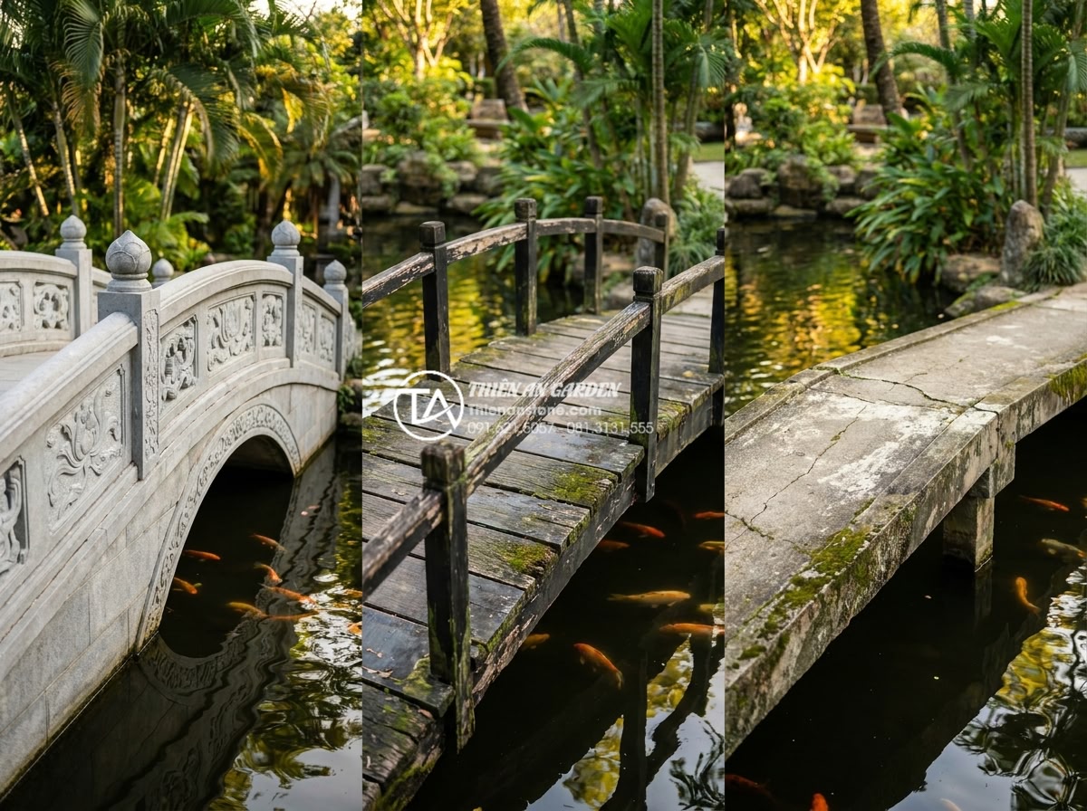 Kích thước cầu đá sân vườn chuẩn lỗ ban giúp rước tài lộc vào nhà - Side-by-side comparison realistic photo showing three garden bridges: left side 