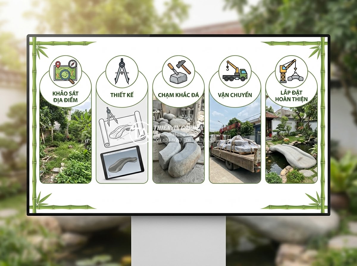 Kích thước cầu đá sân vườn chuẩn lỗ ban giúp rước tài lộc vào nhà - Step-by-step professional infographic showing the complete process of natural st