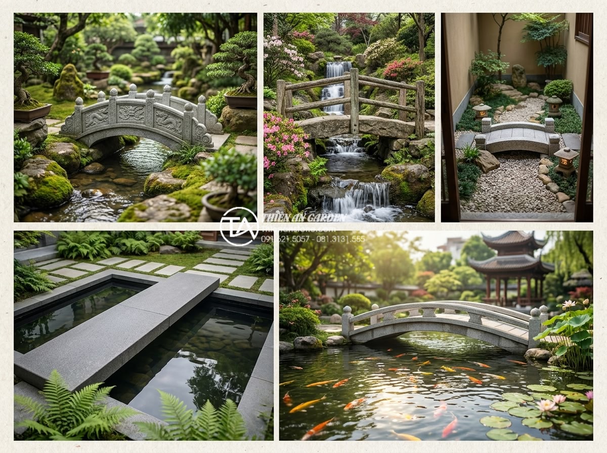 Kích thước cầu đá sân vườn chuẩn lỗ ban giúp rước tài lộc vào nhà - Beautiful collage of five different natural stone garden bridge designs in reali
