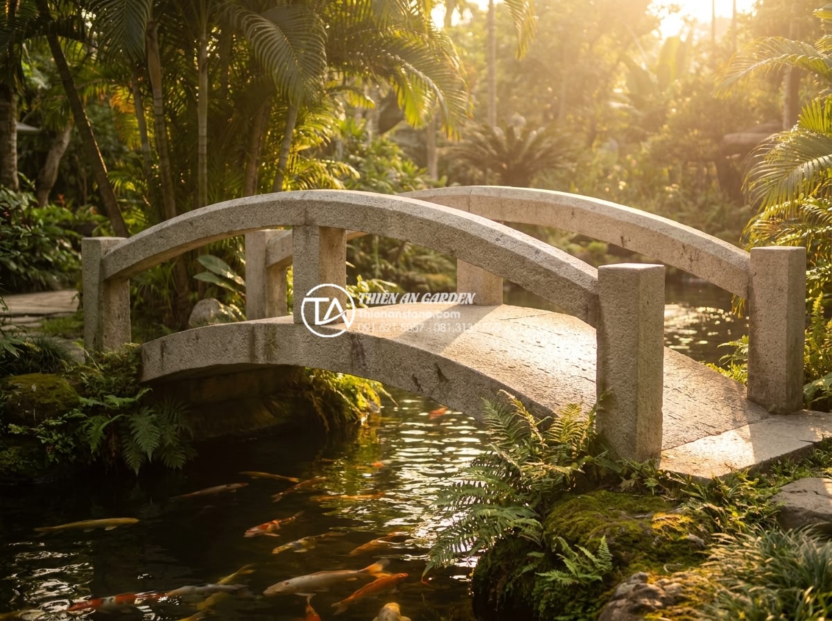 Kích thước cầu đá sân vườn chuẩn lỗ ban giúp rước tài lộc vào nhà - Heartwarming realistic scene of a happy Vietnamese family walking across a beaut