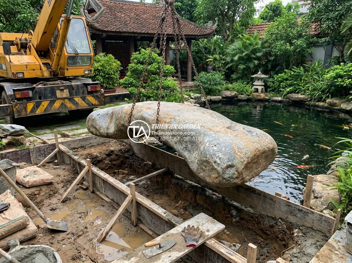 Kinh nghiệm mua cầu đá sân vườn cũ: Bí quyết kiểm tra chất lượng cốt đá - Hình 7 Kinh nghiệm mua cầu đá sân vườn cũ: Bí quyết kiểm tra chất lượng cốt đá - Step-by-step professional installation of an old stone garden bridge: crane lift