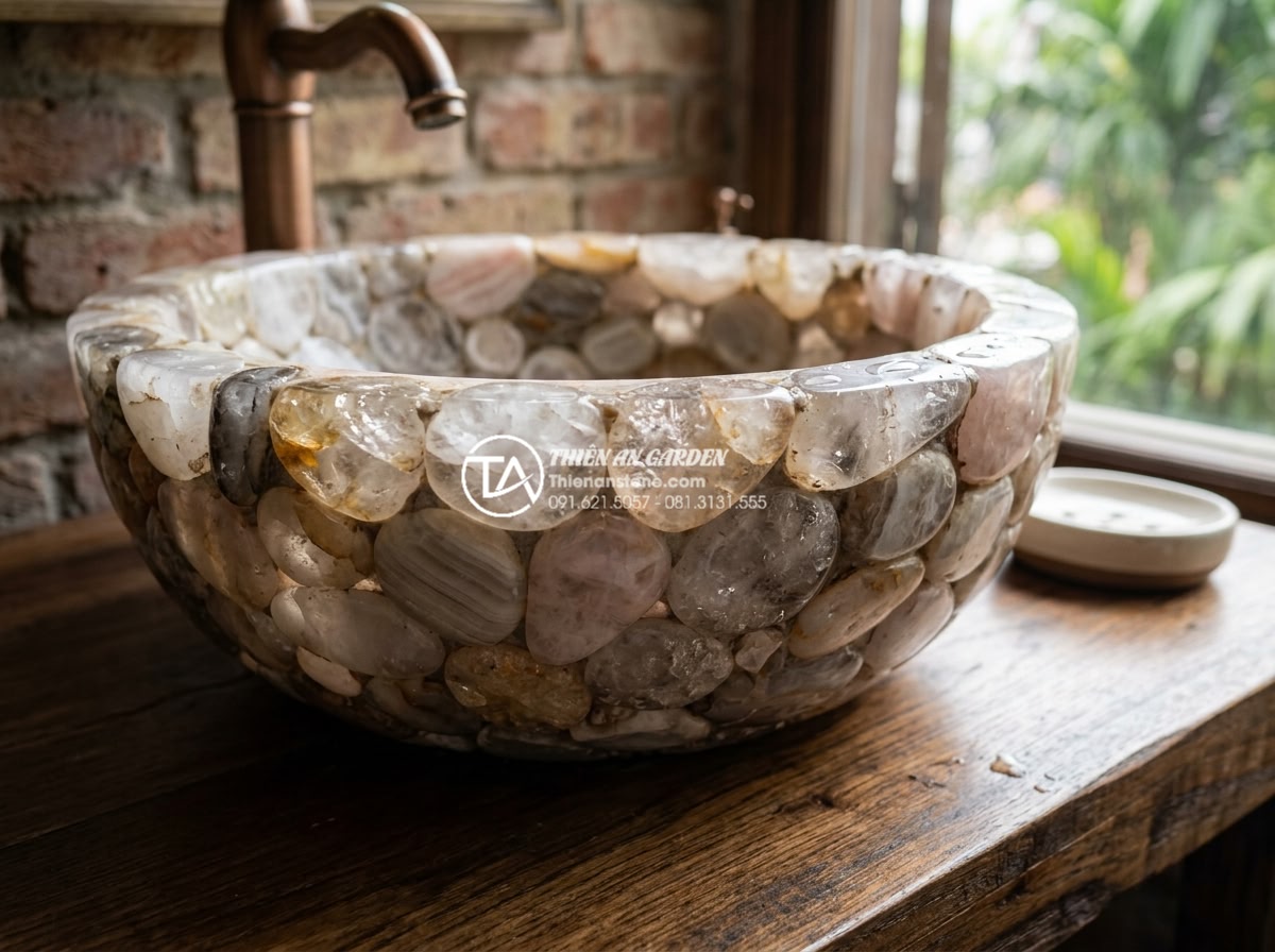 Kinh Nghiệm Mua Lavabo Đá Cuội Tại Hà Nội: Địa Chỉ Uy Tín Và Giá Tận Xưởng - Close-up view of a round pebble stone lavabo made from natural river stones with