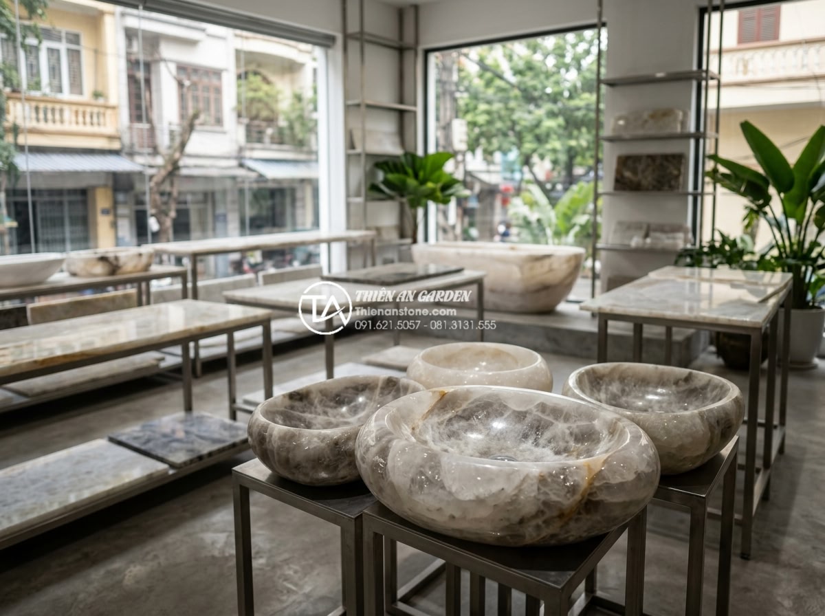 Kinh Nghiệm Mua Lavabo Đá Cuội Tại Hà Nội: Địa Chỉ Uy Tín Và Giá Tận Xưởng - Professional showroom of Da Canh Thien An in Hanoi displaying premium pebble sto