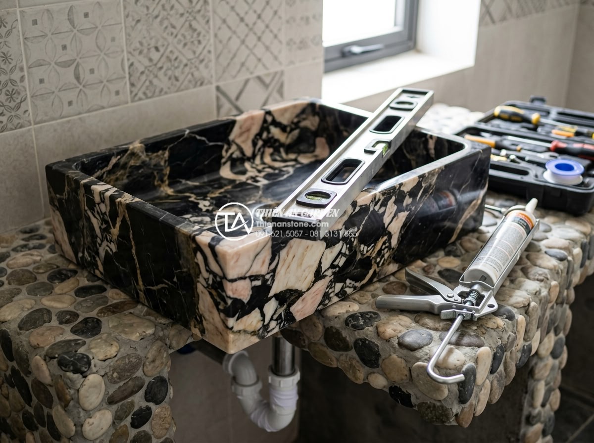 Kinh Nghiệm Mua Lavabo Đá Cuội Tại Hà Nội: Địa Chỉ Uy Tín Và Giá Tận Xưởng - Professional installation process of pebble stone lavabo by skilled technicians 