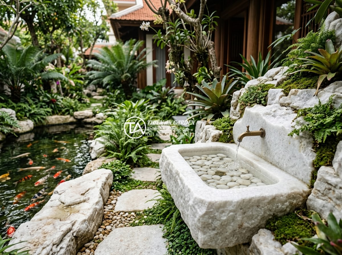 Kinh Nghiệm Mua Lavabo Đá Cuội Tại Hà Nội: Địa Chỉ Uy Tín Và Giá Tận Xưởng - Outdoor pebble stone lavabo integrated into luxury garden design with koi pond a