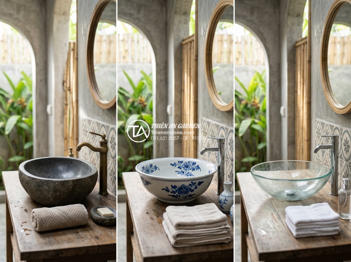Kinh Nghiệm Mua Lavabo Đá Cuội Tại Hà Nội: Địa Chỉ Uy Tín Và Giá Tận Xưởng - Side-by-side comparison chart of pebble stone lavabo vs ceramic vs glass lavabos