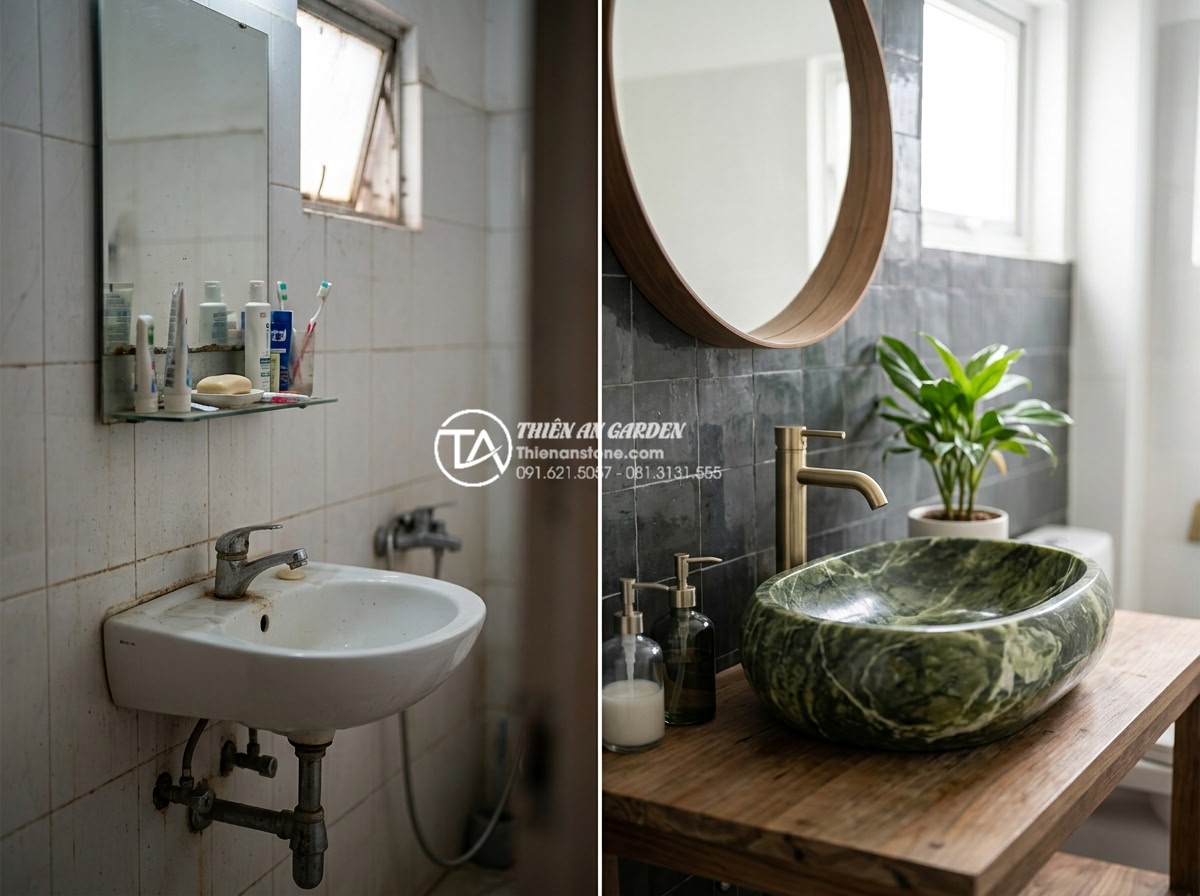 Kinh Nghiệm Mua Lavabo Đá Cuội Tại Hà Nội: Địa Chỉ Uy Tín Và Giá Tận Xưởng - Real customer bathroom renovation before and after using pebble stone lavabo in 