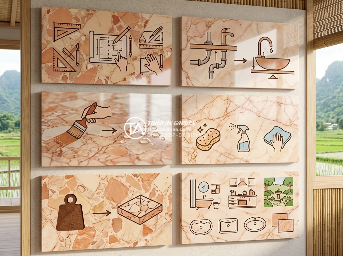 Kinh Nghiệm Mua Lavabo Đá Cuội Tại Hà Nội: Địa Chỉ Uy Tín Và Giá Tận Xưởng - FAQ section visual with pebble stone lavabo and common questions answered in a p