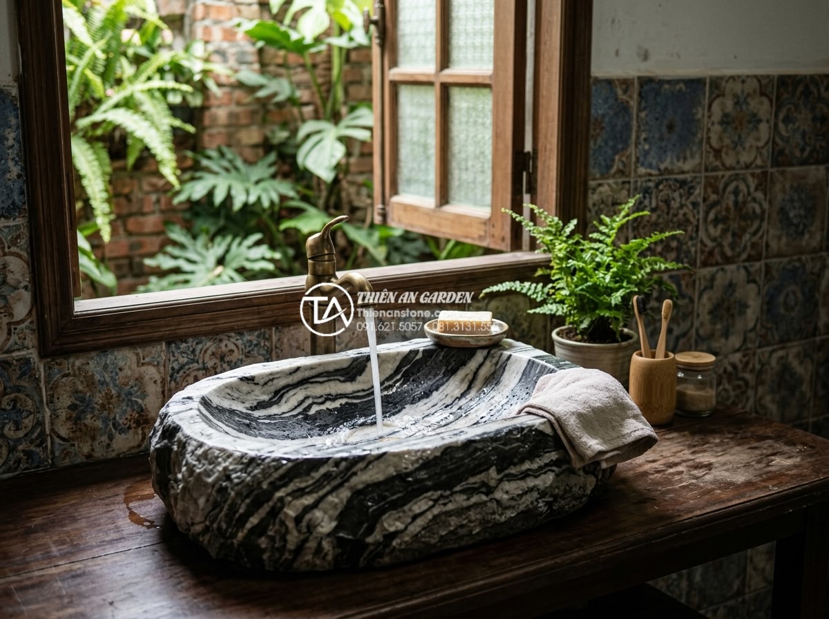 Kinh Nghiệm Mua Lavabo Đá Cuội Tại Hà Nội: Địa Chỉ Uy Tín Và Giá Tận Xưởng - Happy customer family using their newly installed pebble stone lavabo in Hanoi h