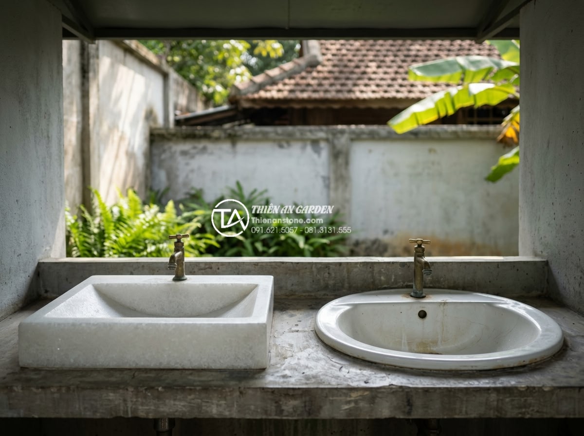 Kinh Nghiệm Mua Lavabo Đá Cuội Tại Hà Nội: Địa Chỉ Uy Tín Và Giá Tận Xưởng - Comparison photo showing durability of pebble stone lavabo versus ceramic lavabo
