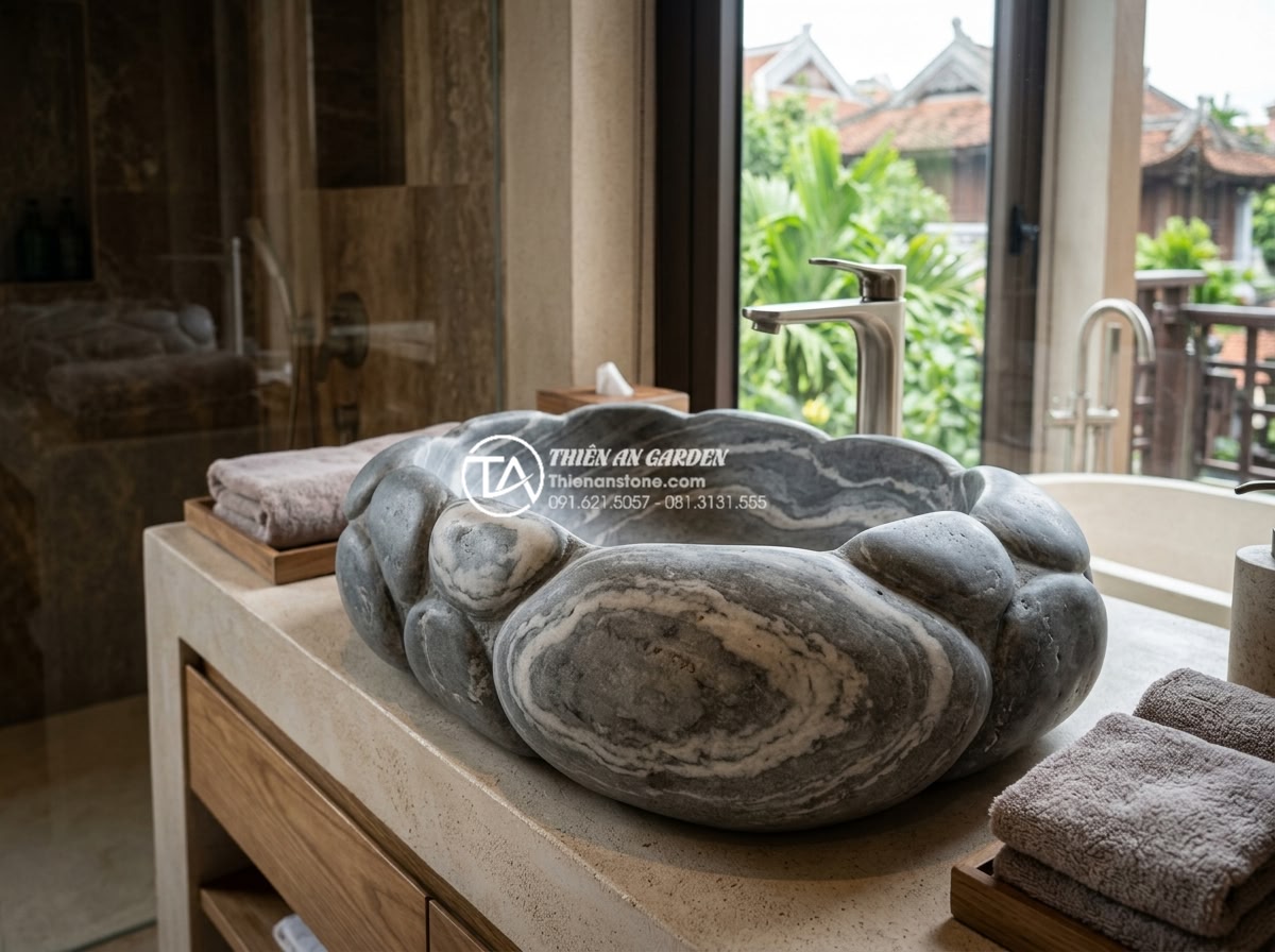 Kinh Nghiệm Mua Lavabo Đá Cuội Tại Hà Nội: Địa Chỉ Uy Tín Và Giá Tận Xưởng - Handcrafted custom pebble stone lavabo with unique river stone patterns displaye