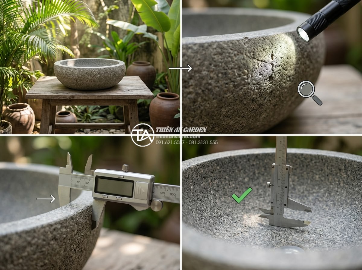 Kinh Nghiệm Mua Lavabo Đá Cuội Tại Hà Nội: Địa Chỉ Uy Tín Và Giá Tận Xưởng - Step-by-step guide infographic style showing how to inspect quality of pebble st