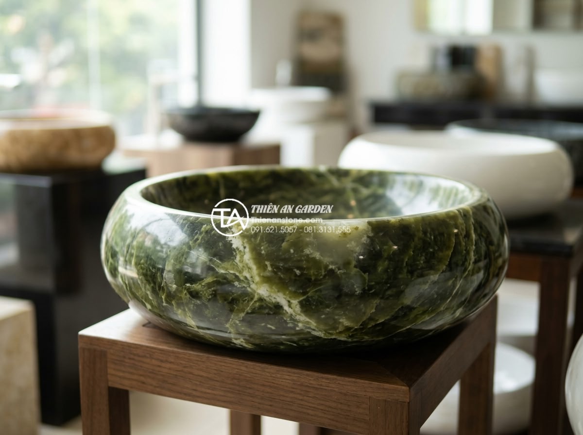 Kinh Nghiệm Mua Lavabo Đá Cuội Tại Hà Nội: Địa Chỉ Uy Tín Và Giá Tận Xưởng - Customer inspecting natural pebble stone lavabo at a reputable Hanoi showroom wi