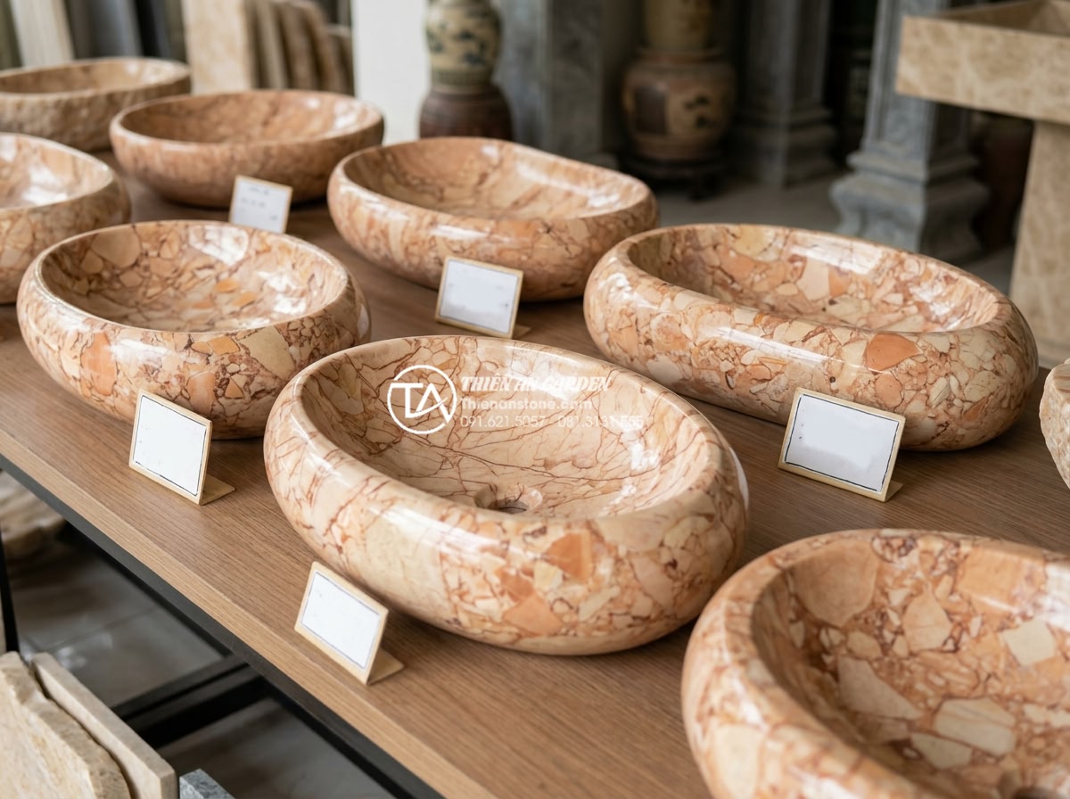 Kinh Nghiệm Mua Lavabo Đá Cuội Tại Hà Nội: Địa Chỉ Uy Tín Và Giá Tận Xưởng - Price table display of various pebble stone lavabo models with sizes and prices 