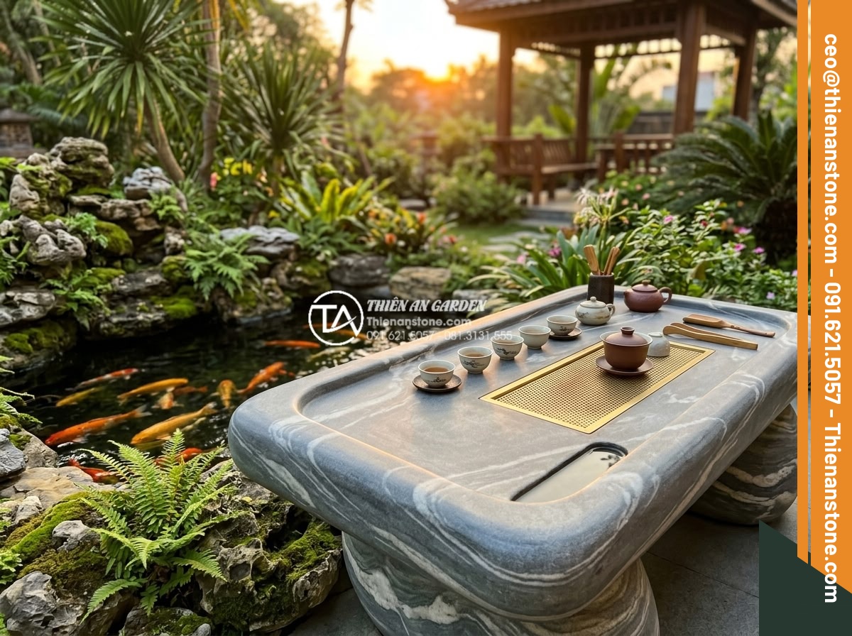 Làm thế nào để chọn màu sắc bàn trà đá hợp mệnh Kim, Mộc, Thủy, Hỏa, Thổ? - Hình 11 Làm thế nào để chọn màu sắc bàn trà đá hợp mệnh Kim, Mộc, Thủy, Hỏa, Thổ? - Final inspiring image of a happy Vietnamese family enjoying tea at a beautiful n