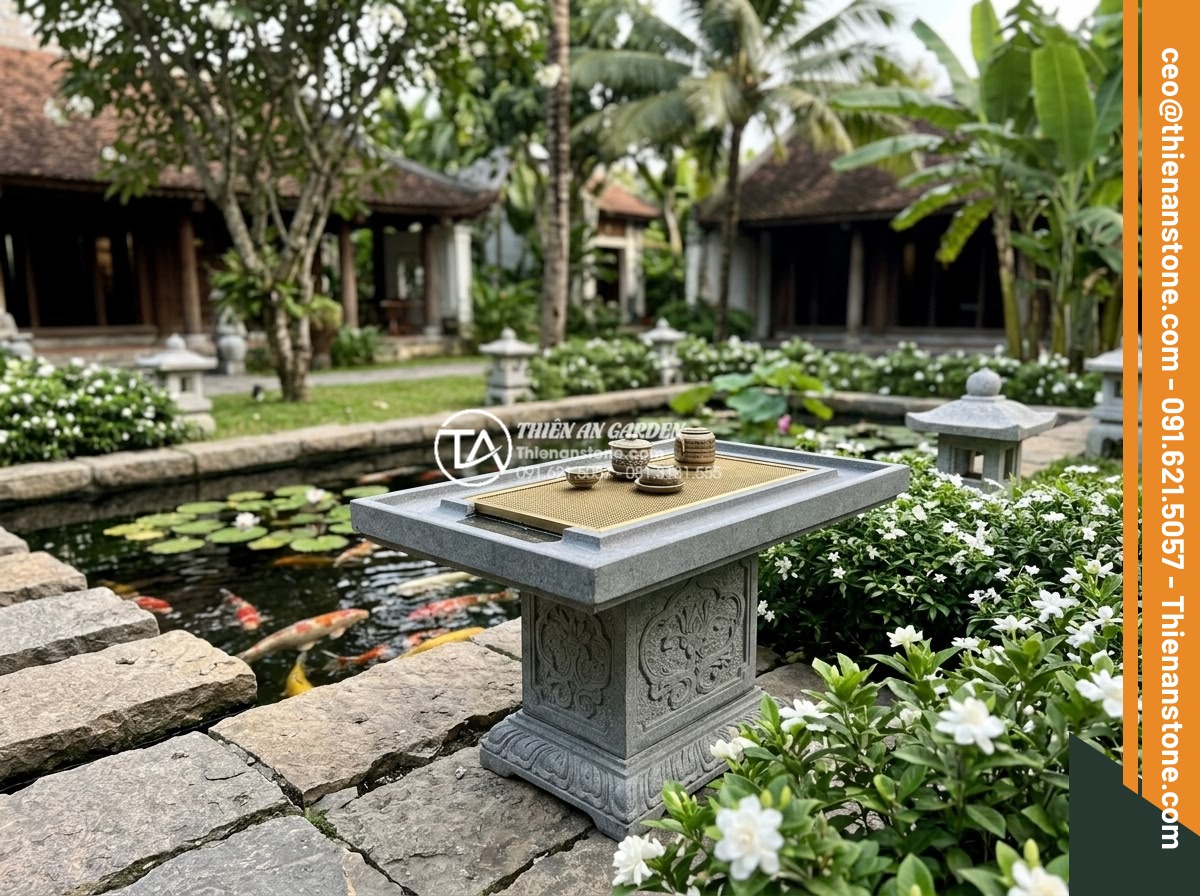 Làm thế nào để chọn màu sắc bàn trà đá hợp mệnh Kim, Mộc, Thủy, Hỏa, Thổ? - Hình 3 Làm thế nào để chọn màu sắc bàn trà đá hợp mệnh Kim, Mộc, Thủy, Hỏa, Thổ? - Elegant outdoor Vietnamese garden setting with a premium gray granite stone tea
