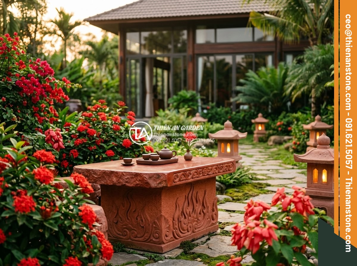 Làm thế nào để chọn màu sắc bàn trà đá hợp mệnh Kim, Mộc, Thủy, Hỏa, Thổ? - Hình 6 Làm thế nào để chọn màu sắc bàn trà đá hợp mệnh Kim, Mộc, Thủy, Hỏa, Thổ? - Vibrant Vietnamese luxury garden with a reddish natural stone tea table carved w