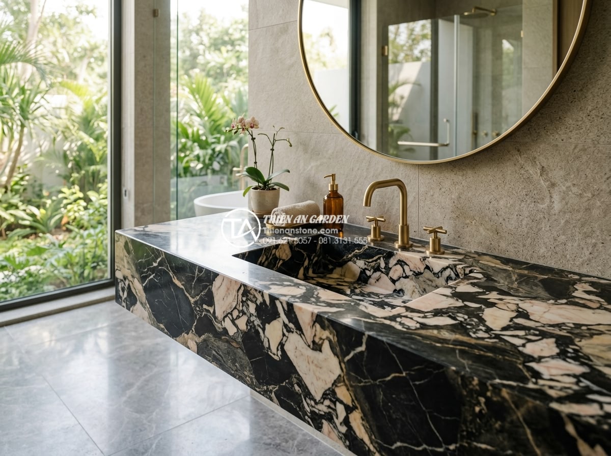 Lavabo Bán Âm Mặt Đá: Sự Kết Hợp Hoàn Hảo Giữa Tiện Nghi Và Thẩm Mỹ - High-resolution professional photograph of a luxurious modern bathroom featuring