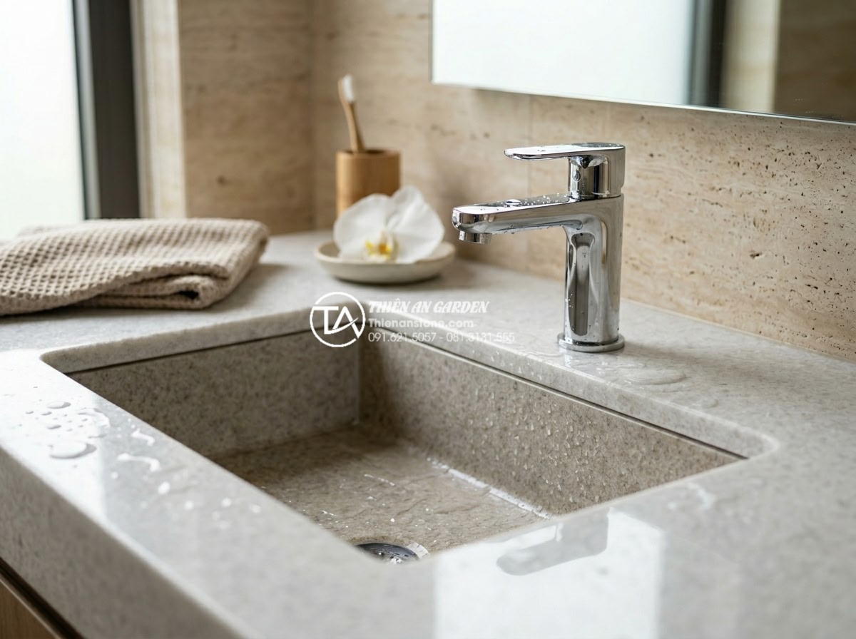 Lavabo Bán Âm Mặt Đá: Sự Kết Hợp Hoàn Hảo Giữa Tiện Nghi Và Thẩm Mỹ - Professional close-up shot of premium natural granite undermount lavabo in a con