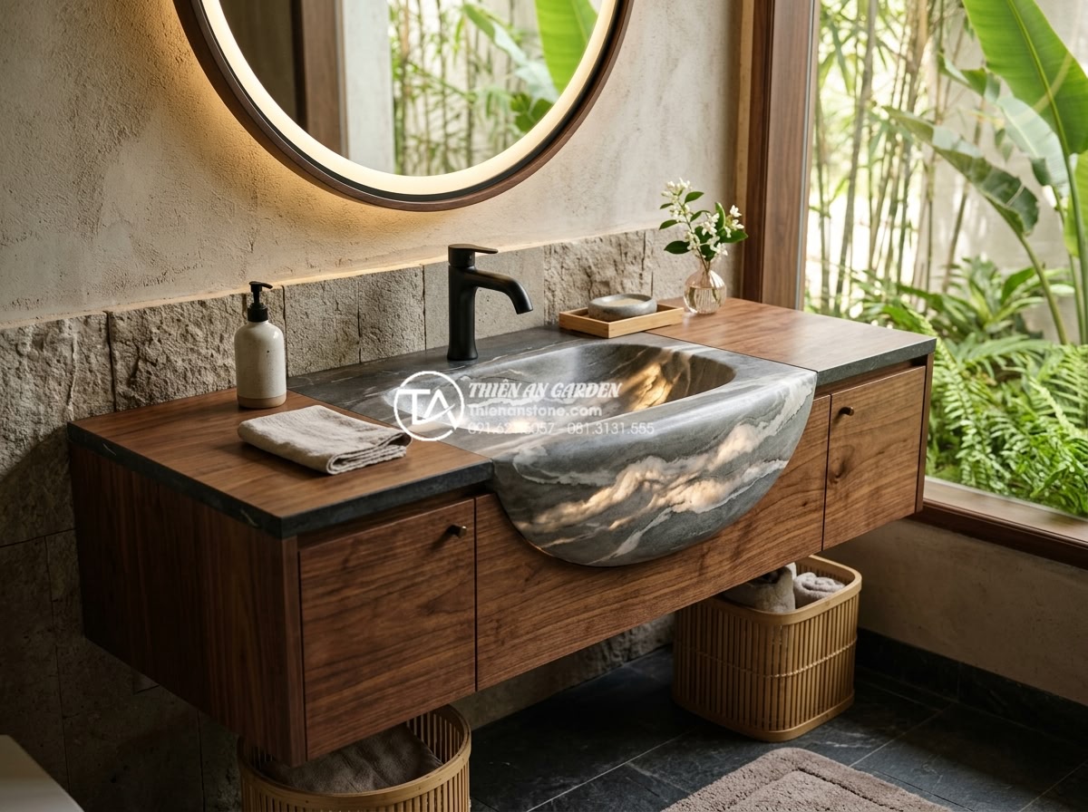 Lavabo Bán Âm Mặt Đá: Sự Kết Hợp Hoàn Hảo Giữa Tiện Nghi Và Thẩm Mỹ - Stunning detailed view of a high-end bathroom vanity with undermount natural ony