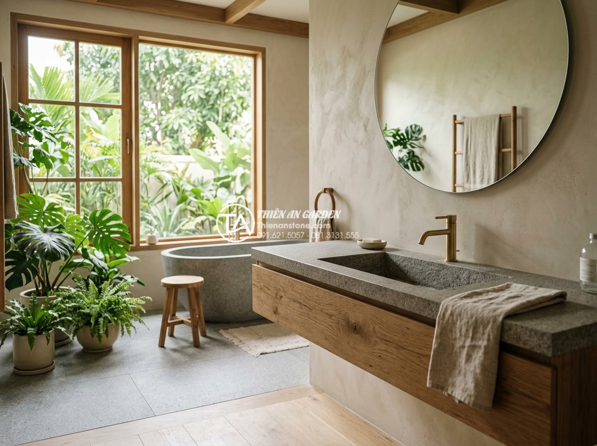 Lavabo Bán Âm Mặt Đá: Sự Kết Hợp Hoàn Hảo Giữa Tiện Nghi Và Thẩm Mỹ - Elegant Japandi style bathroom with natural stone undermount lavabo made from ri