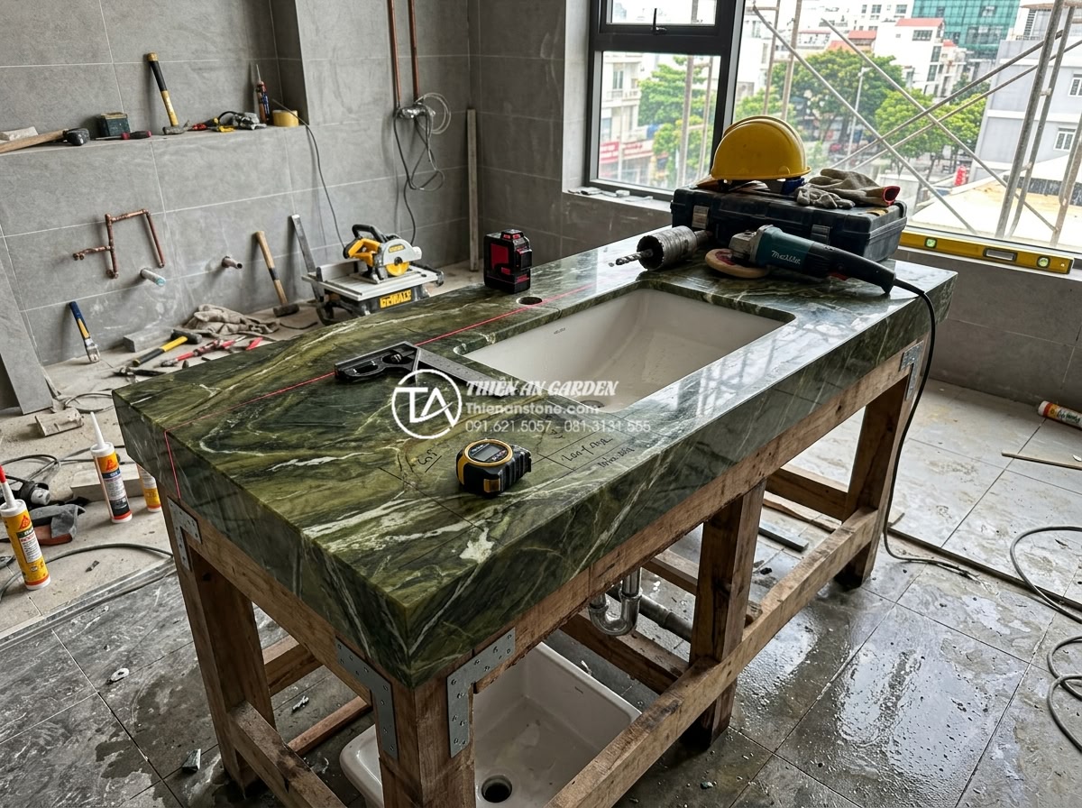 Lavabo Bán Âm Mặt Đá: Sự Kết Hợp Hoàn Hảo Giữa Tiện Nghi Và Thẩm Mỹ - Professional construction site photo showing skilled technicians installing a la