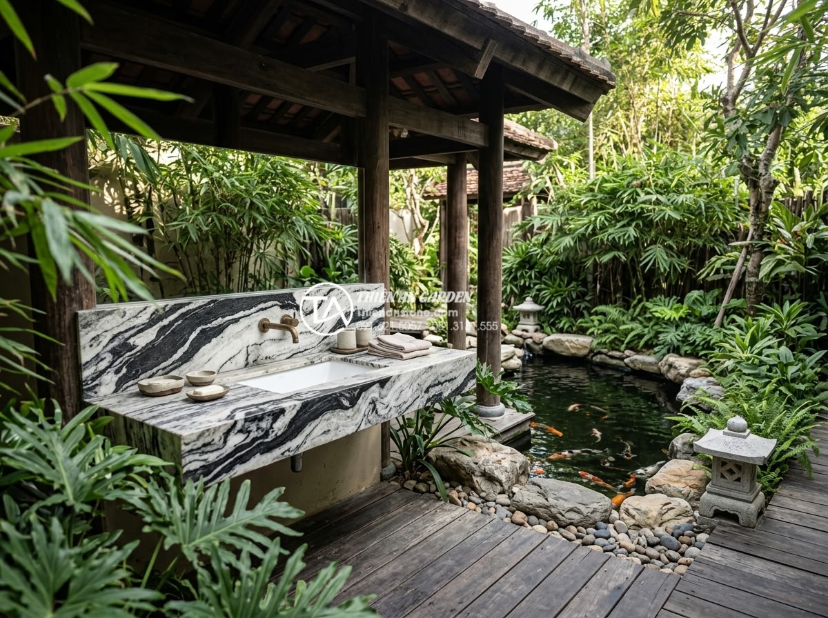 Lavabo Bán Âm Mặt Đá: Sự Kết Hợp Hoàn Hảo Giữa Tiện Nghi Và Thẩm Mỹ - Luxury outdoor bathroom area featuring natural stone undermount lavabo integrate