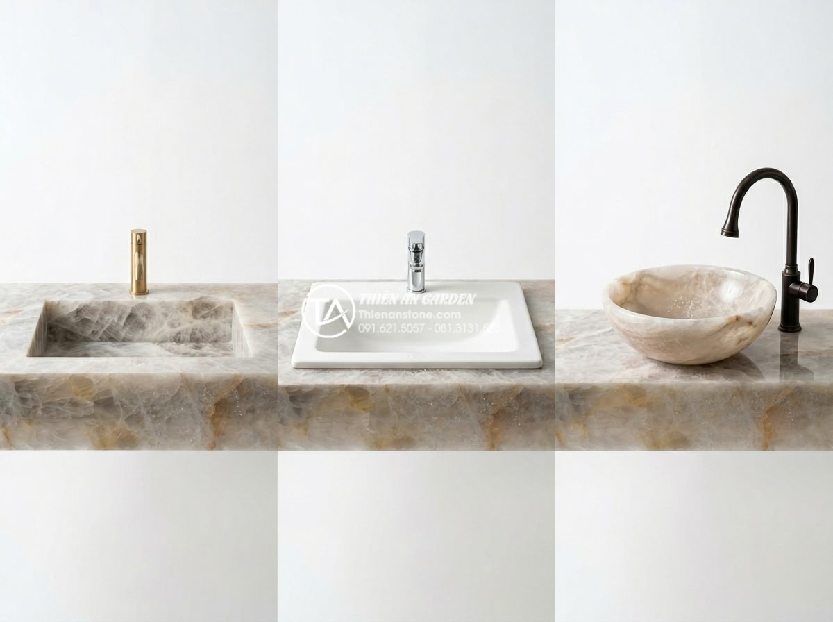 Lavabo Bán Âm Mặt Đá: Sự Kết Hợp Hoàn Hảo Giữa Tiện Nghi Và Thẩm Mỹ - Comparative professional photography of three bathroom sink types side by side: 