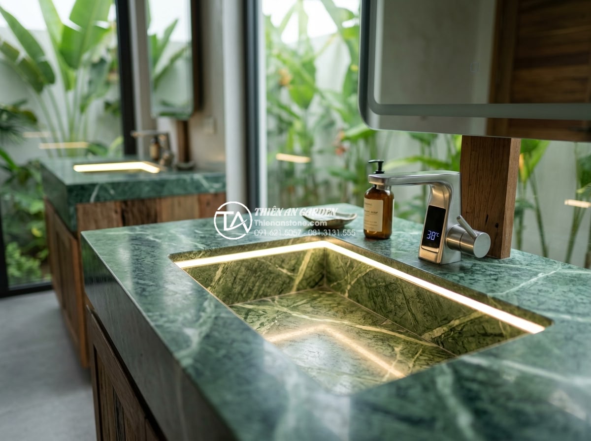 Lavabo Bán Âm Mặt Đá: Sự Kết Hợp Hoàn Hảo Giữa Tiện Nghi Và Thẩm Mỹ - Futuristic 2026 bathroom concept with smart natural stone undermount lavabo feat