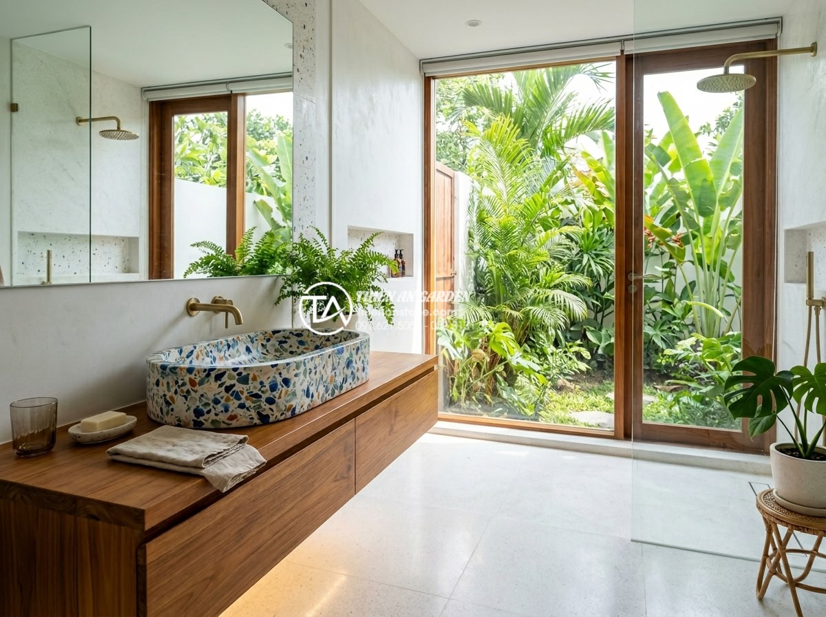 Lavabo Đá Mài (Terrazzo): Xu Hướng Decor Phòng Tắm Hiện Đại Đầy Màu Sắc - High-resolution professional photograph of a luxurious modern Vietnamese bathroo