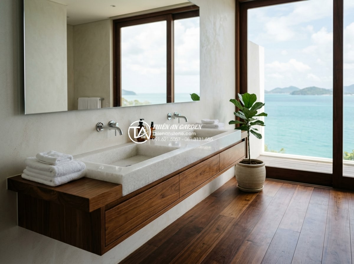 Lavabo Đá Mài (Terrazzo): Xu Hướng Decor Phòng Tắm Hiện Đại Đầy Màu Sắc - Real-life project photography of a stunning master bathroom in a Vietnamese luxu