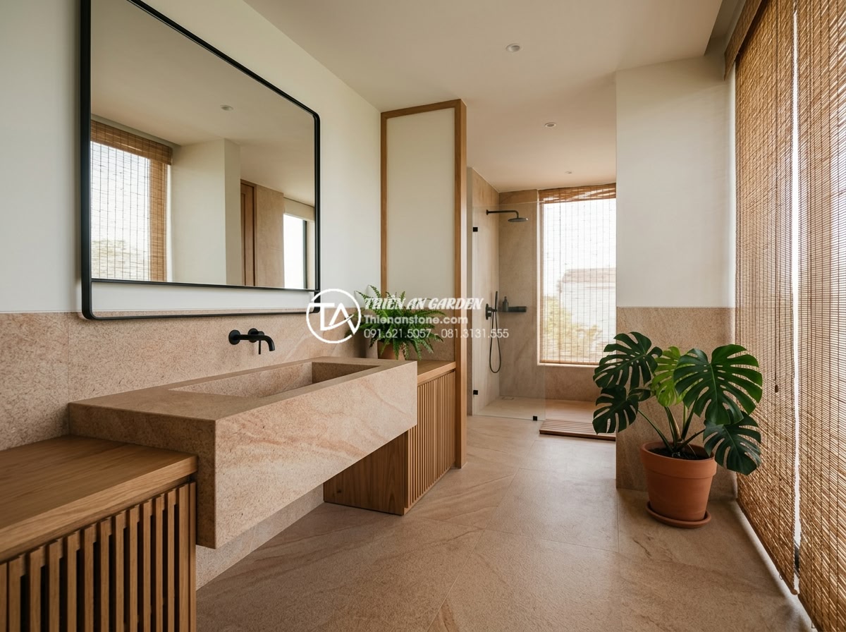 Lavabo Đá Mài (Terrazzo): Xu Hướng Decor Phòng Tắm Hiện Đại Đầy Màu Sắc - Wide angle view of a contemporary bathroom in a Vietnamese luxury villa showcasi