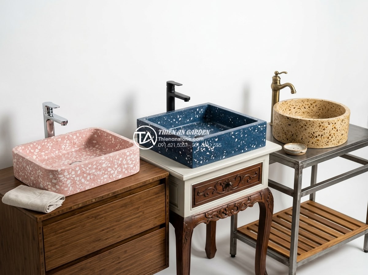 Lavabo Đá Mài (Terrazzo): Xu Hướng Decor Phòng Tắm Hiện Đại Đầy Màu Sắc - Stylish product photography of three different terrazzo bathroom sinks side by s