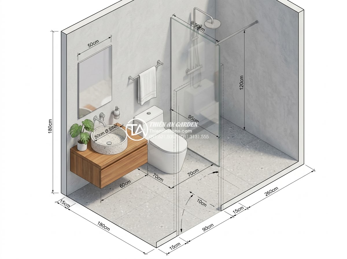 Lavabo Đá Mài (Terrazzo): Xu Hướng Decor Phòng Tắm Hiện Đại Đầy Màu Sắc - Professional architectural rendering of a small modern bathroom layout with prec
