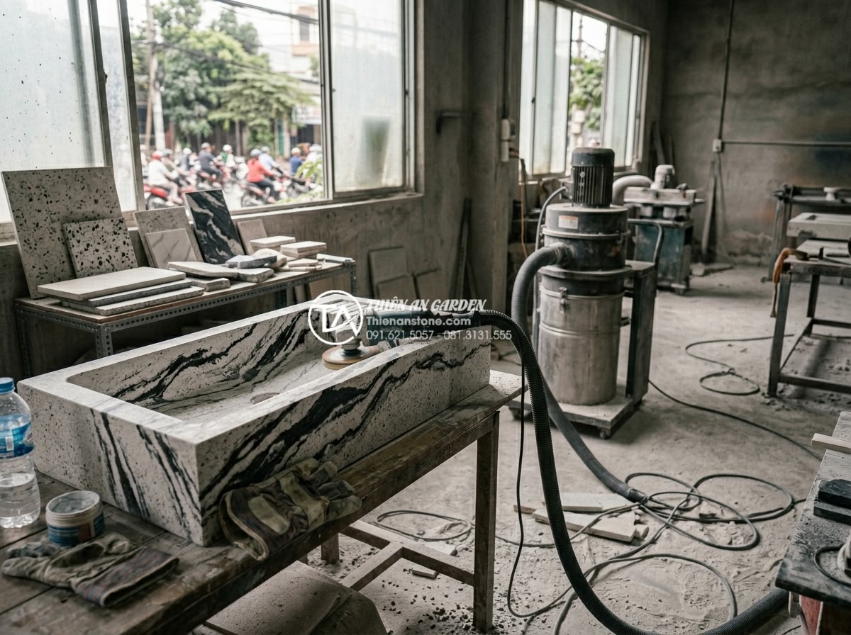 Lavabo Đá Mài (Terrazzo): Xu Hướng Decor Phòng Tắm Hiện Đại Đầy Màu Sắc - Behind-the-scenes workshop photography showing skilled Vietnamese artisans hand-