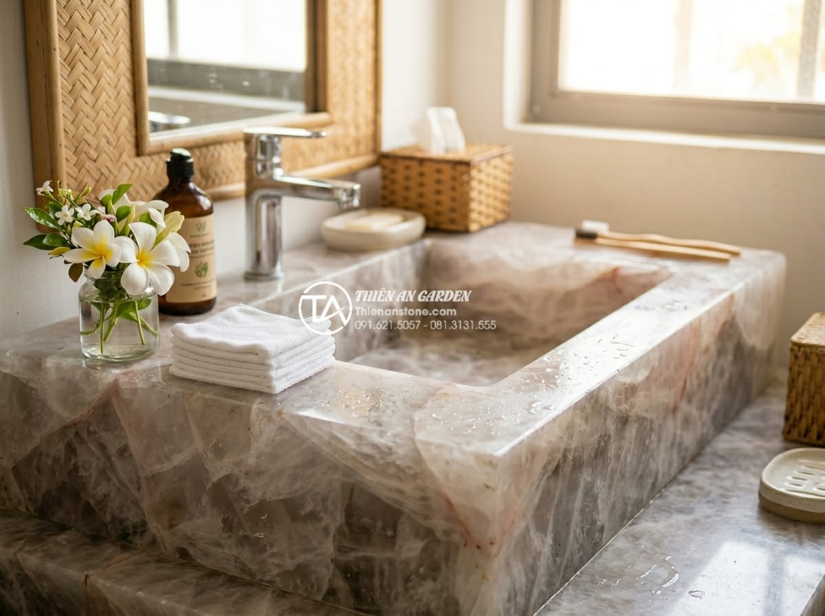 Lavabo Đá Mài (Terrazzo): Xu Hướng Decor Phòng Tắm Hiện Đại Đầy Màu Sắc - Clean and bright bathroom scene with a person gently wiping a colorful terrazzo 
