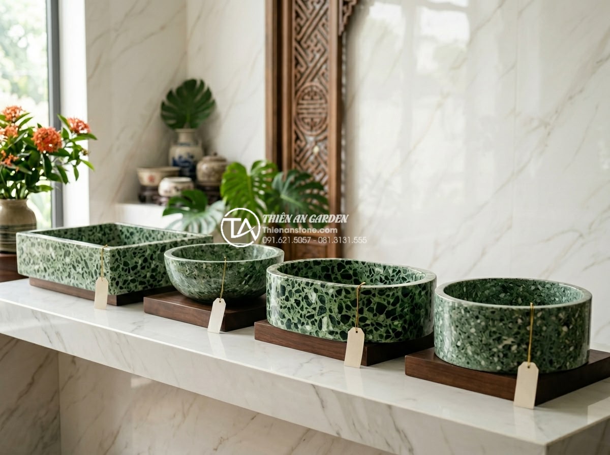 Lavabo Đá Mài (Terrazzo): Xu Hướng Decor Phòng Tắm Hiện Đại Đầy Màu Sắc - Professional product catalog style image showing four different terrazzo sinks a
